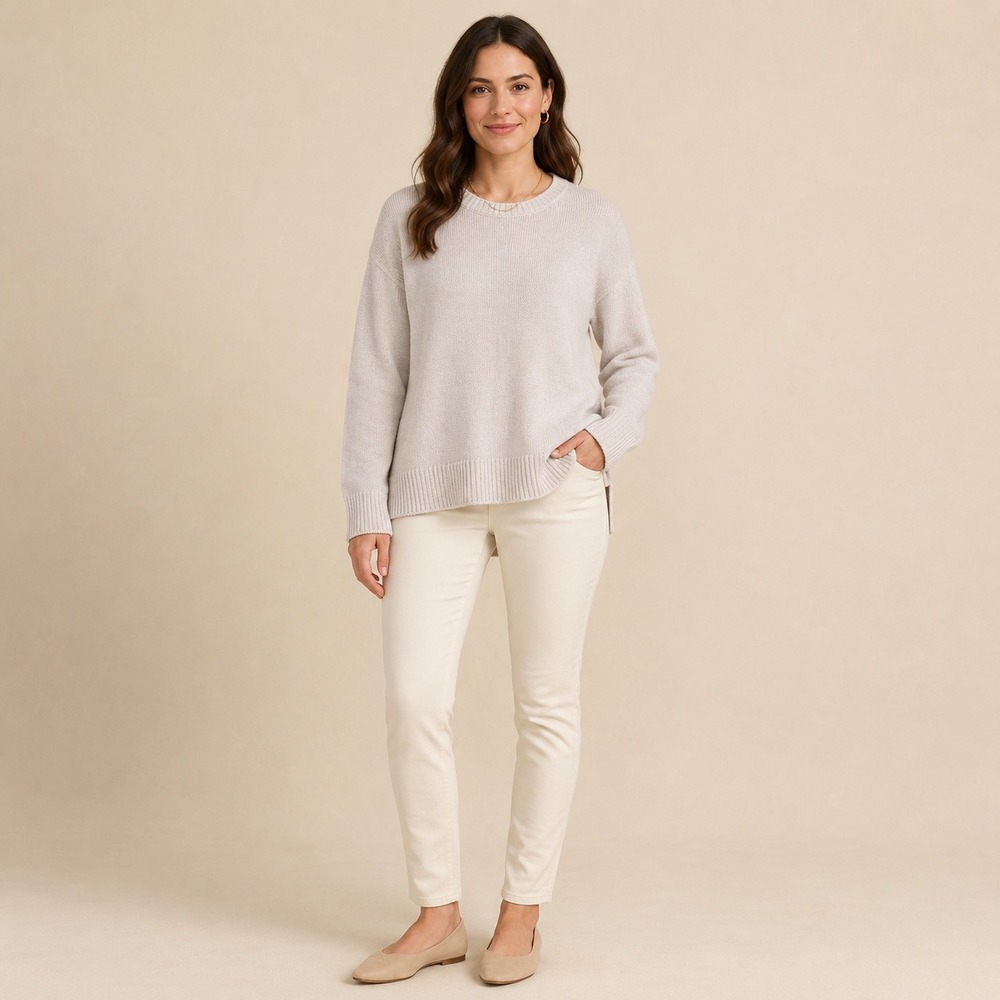 Ella Moss Sweater Womens Medium Beige Crew Neck Knit Side Slit Pullover GF-0139